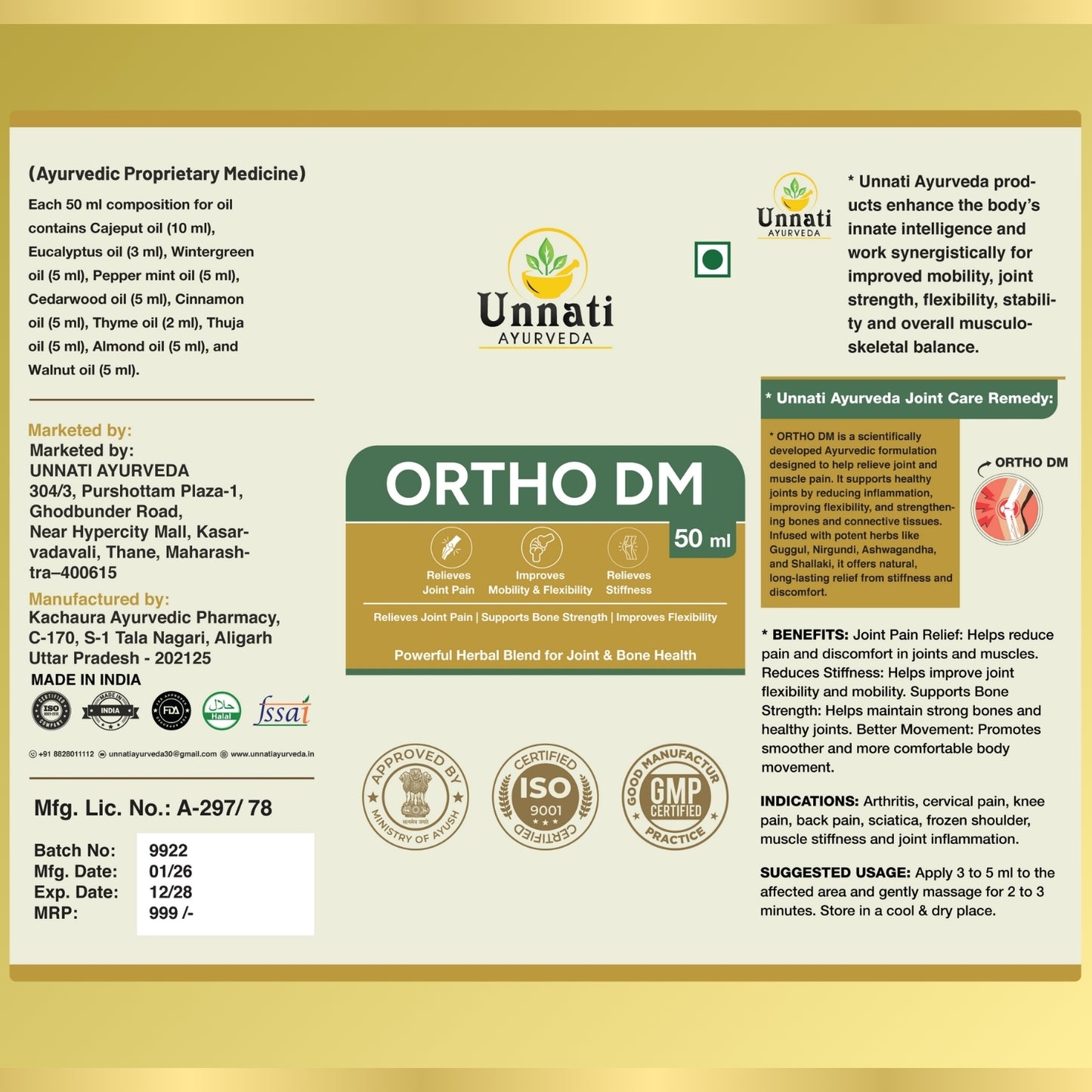 Ortho DM Asthicare Oil with Nilgiri, Gandhpura, Guggul, Nirgundi & Wintergreen – Ayurvedic Joint Pain Relief & Mobility Support